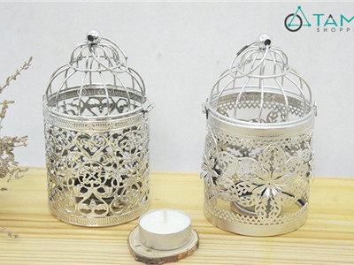 Chân nến lồng chim sắt cổ điển mini ánh kim bạc số 18